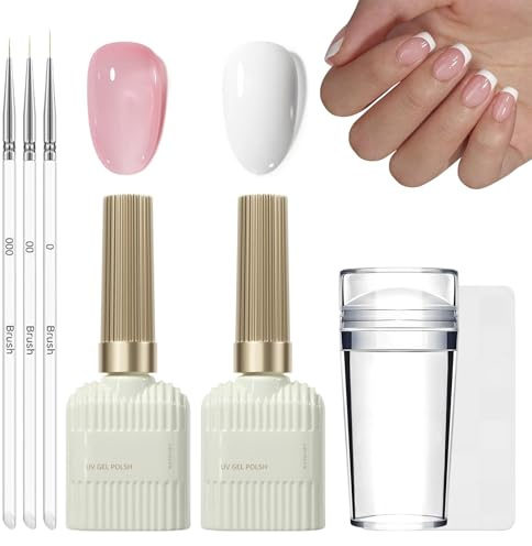 French Manicure Kit de vernis à ongles gel UV Jelly Nude & Blanc avec 3 pinceaux de nail art et tampons à ongles, Soak Off Vernis à ongles UV pour tampons français classiques et Nail Art DIY (Nude, ML