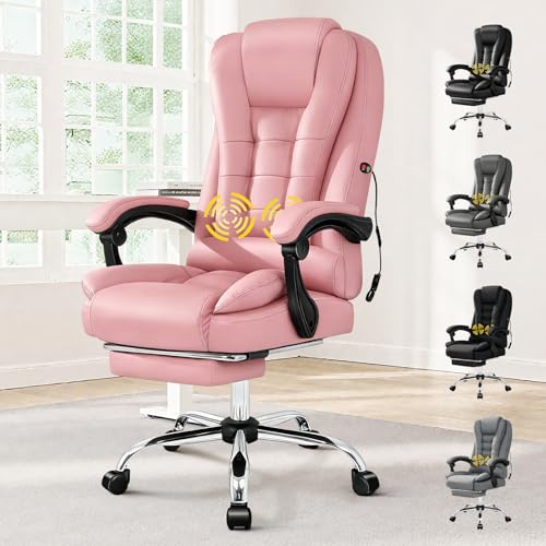 ALFORDSON Ergonomisk kontorsstol, spelstol, datorstol, skrivbordssnurrstol med massagefunktion, justerbar höjd – för kontor, hem och gaming, PU-läder, rosa