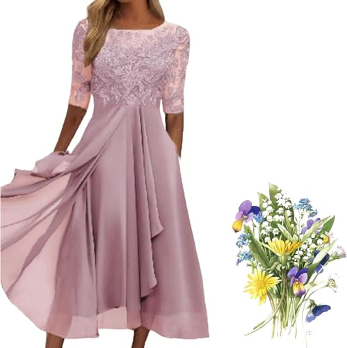 Damen Sommerkleid Mit Blumenmuster Abendkleider Lang Kleid,Hängerchen Kleids Damen Taille A-Linie Saum, Elegant Chiffon Spitze Swing Cocktailkleid Lässig Brautjungfernkleider (Rosa,XL)