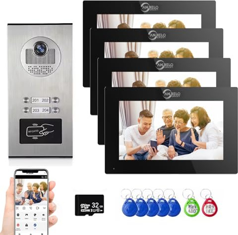 Wired Video Apartment Intercom System,1080P Video Doorbell,6 Units 7 inch Touch Monitor Video Door Phone Indoor Outdoor Kit,Motion Detect, 2 Way Audio, 6-Screen for Home Tuya (1 Doorbell+ 4 Monitor)