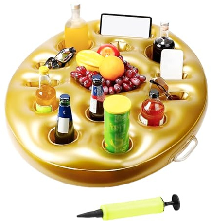 Inflatable Drink Holder - 9-Hole Floating Beverage Tray | Gold Pool Drink Float with Cup Slots for Swimming Pool, Hot Tub Use, Portable Party Accessory for Summer Drinks, Snacks, and Relaxation