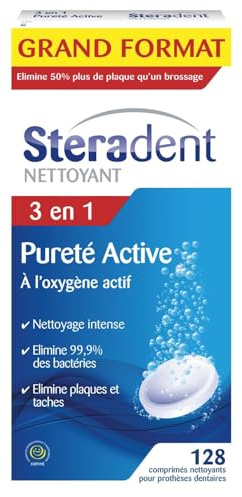STERADENT – Nettoyant Effervescent pour Appareils Dentaires, Pureté Active et Fraîcheur (128 Comprimés) - Le lot de 3