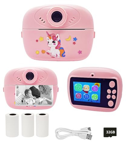 ZENZERO® - Macchina Fotografica Istantanea Bambini 1080P con Stampa Immediata, Cavo USB, SD Card 32GB Inclusa, Lettore MP3 e Giochi Educativi – Regalo Perfetto per Bambini e Bambine (Unicorno Rosa)