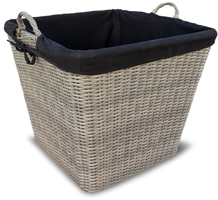 HABAU Feuerholzkorb mit waschbarem Stoffeinsatz, Holzkorb aus extrem robustem Polyethylen mit Metallrahmen - Korb in Grau (43 cm)