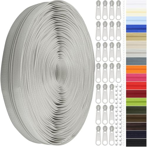 Endlos Reissverschluss mit Zipper, 3mm 11m Nylon Endlosreißverschluss Meterware und 25 Zipper aus Metall für Kleidung Tasche Mäppchen Bettwäsche (Grau, #3)