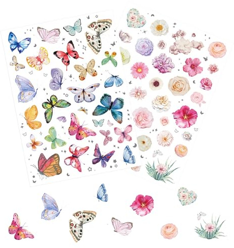 126 Stück Blumen und Schmetterlinge Sticker Set, 4 Blätter mit Selbstklebenden & Transfer Aufklebern, Wasserfeste Deko für Scrapbooking, Tagebuch, Bullet Journal, Handyhülle, DIY Bastelset