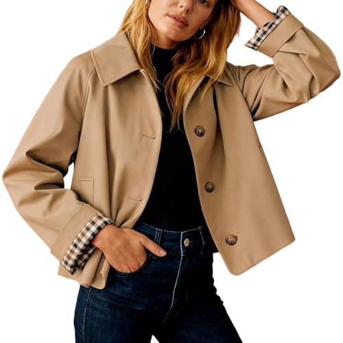 FeMereina Manteau trench oversize pour femme avec doublure à carreaux, revers boutonné, décontracté, veste courte avec poches, kaki, S