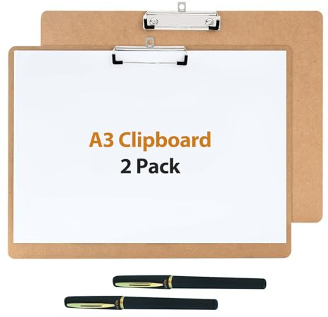 Confezione da 2 tavolette portablocco formato A3, con clip, orizzontali, in legno MDF, con due penne, lavagna da disegno con clip per disegnare, schizzi, arte, forniture per ufficio e scuola, carta