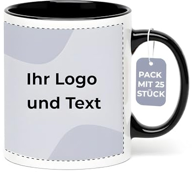 Cimpress Personalisierte Firmen-Tassen, 325 ml, Schwarz, 25 Stück | Eigenes Logo hinzufügen, Geschenke zum Firmenjubiläum & Kollegen, Kaffeebecher für Büros & Merchandise