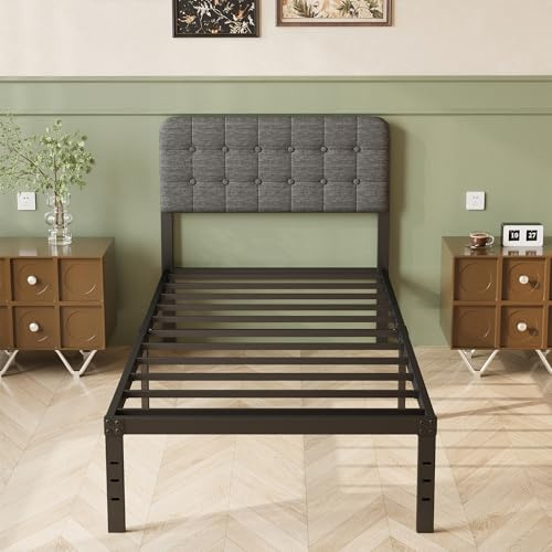 Lutown-Teen 90 x 200 cm Marco de Cama de Metal con Cabecero Tapizado Gris