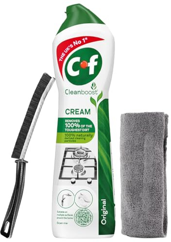 Cream Cleaner + Gap Cleaning Brush & Microfibre Cloth Kit | Cif Cream Cleaner Original 500ml For Tough Dirt, Grease & Limescale | Streak-Free Multi Surface Cleaning – Kitchen, Bathroom, Tiles & Floors