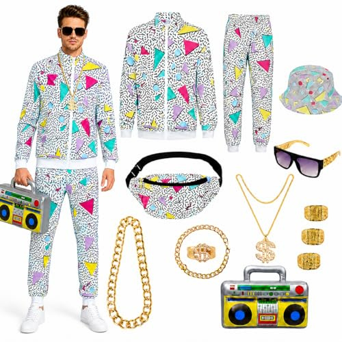 80er 90er Jahre Outfit Herren, 13-teiliges Retro Trainingsanzug Kostüm | Komplettset mit Perücke, Brillen, Goldkette & Ghettoblaster – auffälliger Look für Hip-Hop-Party, Bad Taste, Karneval & JGA