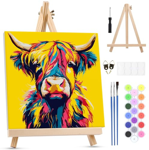 MXJSUA Highland Cow Framed Paint by Numbers for Adults Beginners, Easy Adults' Paint-by-Number Kits on Canvas with Easel, Acrylic Number Painting Crafts Gifts for Home Decor, 25x25cm