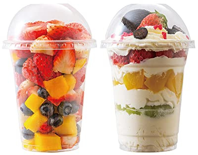 12 oz Clear Plastic Cups with Dome Lids No Hole - (25 Sets) PET Disposable Dessert Cup, Parfait cup for Ice Cream, Iced Cold Coffee Drinks, Cupcake. Fruit Cups for Kids bday Party with Nice Sealing