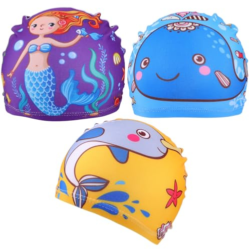 DIYEAH Gorros de Natación Infantiles Estampados de Poliéster Elásticos 3 Piezas Dibujos Animados Niña, Cómodos, Transpirables y Resistentes al Color, Ideales para Natación y Deportes