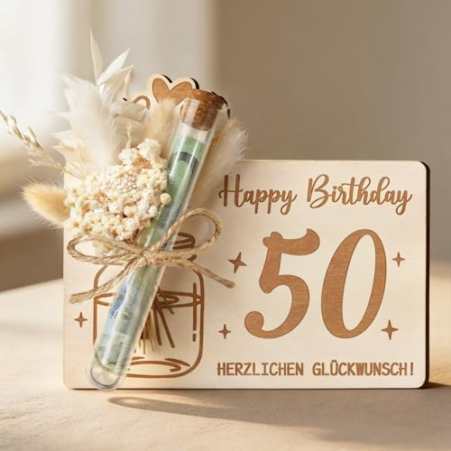 Originelle 50 Geldgeschenke Geburtstag Frau Mann, Holz Geburtstagskarte 50 mit Happy Birthday, Geschenke zum 50 Geburtstag Frau Mann, Geburtstagsgeschenk für 50-jährige Frauen & Männer