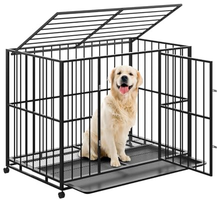 Heavy Duty 42 Inch Dog Crate for Medium Sized Dogs, Indestructible Stainless Steel Escape Proof Dog Kennel Indoor with Lockable Wheels and Removable Tray, Stackable Dog Cage for High Anxiety Dogs