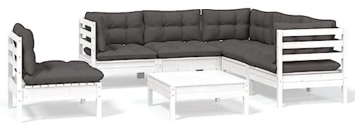 Qnhdfrt Juego de 6 muebles de jardín de madera de pino maciza, sofá de jardín con tapicería, conjunto modular de muebles de terraza, color blanco/antracita