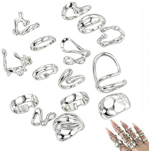 15PCS Chunky Silver Rings, Chunky Rings for Women Vintage Stackable Adjustable, Silver Ring Set Finger Mid Jewelry Gifts for Women Girls Pack Simple Trendy Big Dome