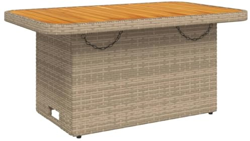 QJBSAVVA Gartentisch Beige 90x55x71 cm Poly Rattan Beistelltisch Höhenverstellbar mit Akazienholz Platte für Garten Terrasse Balkon Loungetisch Dining Tisch Outdoor