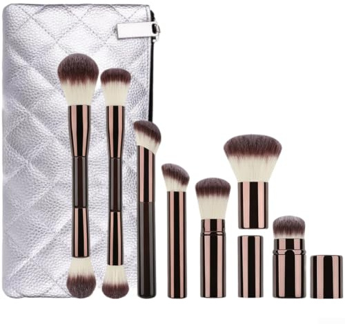 QOXEZY Makeupborstset, dubbeländad rodnad infällbar grund, handgjorda fiberborstar, aluminiumrörhandtag, ergonomisk design för full ansikts- och sminkapplikation (B)
