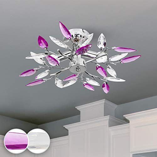 Jago® Plafonnier - 3 Ampoules de Max. 40 W, E14, LED, Design : Feuilles Acryliques Transparentes ou Lilas - Lustre, Lampe de Plafond, Luminaire pour Salon, Chambre (Lilas)