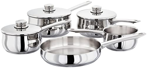 Stellar Classic Set of 5 Stainless Steel Pans, 20cm, 18cm, 16cm Deep Saucepans, Lids, 24cm Frying Pan, Milk Pan, Induction Ready
