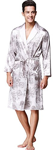 ZUEVI Peignoir kimono à manches longues en satin pour homme Motif dragon, gris, L