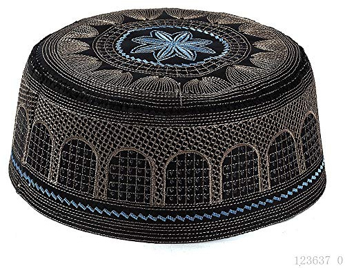 BaronHong Moslemischer Gebetshut Männer Islam Kufi Kopfbedeckung Schädelkappe Goldene Stickerei (schwarz, 56)