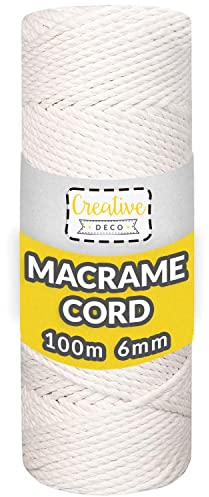 Creative Deco 6mm x 100m Corde Macramé Fil de Coton Blanche | +/- 0.5mm d’Épaisseur | Ficelle de 37 Plis | Cordelette Naturel | Cuisine, Jardin, Decoration, Jardinage, Emballage Cadeau, Bricolage