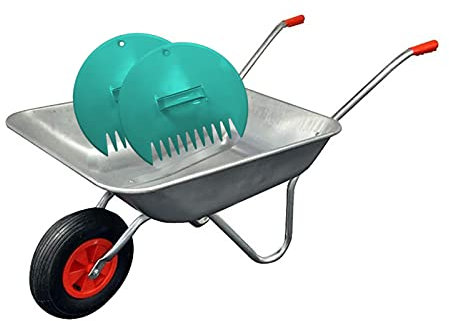 Durable Silver Galvanised Wheelbarrow 65 Litre with Pnuematic Tyre and Large Plastic Leaf Grabber Set.