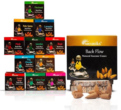 ARO VATIKA Backflow 120 Natural Masala Incense Cones in 12 Different Fragrances| 32mm Long| 16-18 minutes Burning Time