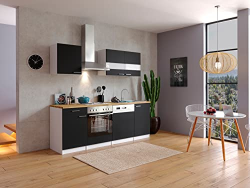Respekta Küchenzeile Malia KB220WSG Schwarz 220 cm Breite mit Elektrogeräten