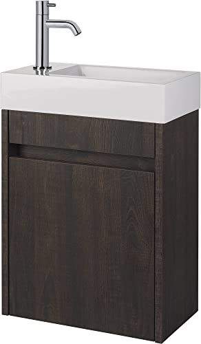 Saqu Florence Gäste WC Waschbecken mit Unterschrank Vormontiert - in Schlossbraun mit Mineralmarmor-Waschbecken und chromem Hahn Links - Kleines Gäste WC Bad Möbel mit Waschtisch