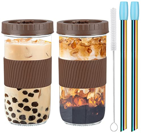JIIKOOAI Lot de 2 gobelets réutilisables avec couvercle et paille - 750 ml - Tasse à thé Boba à large ouverture - Verres à boire avec couvercle - Tasse à thé à bulles - Tasse de voyage en verre pour