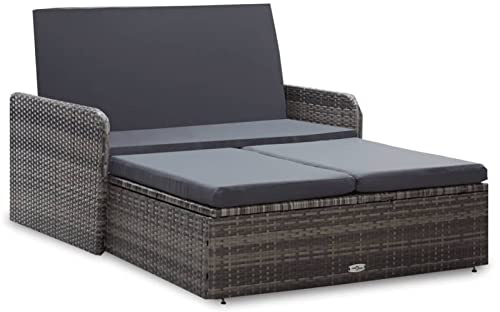 Yolola Gartensofa 2-Sitzer mit Stauraum Rattan Balkonsofa Rattansofa Gartensofa mit Liegefunktion Couch Terrasse Gartenbank Balkon Couch Balkon Lounge Klein Sofa Set - Sessel mit Hocker Grau