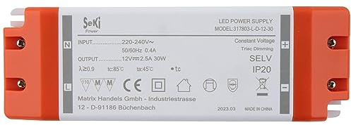SeKi 12V DC 30W 2,5A Konstantspannungs LED Treiber TRIAC Dimmbar, Transformator, Schaltnetzteil; keine Mindestlast, kein Rauschen/LED-Flimmern, MM Zulassung