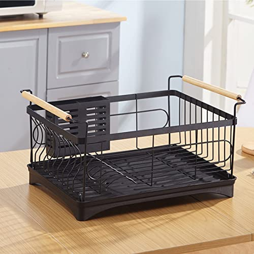 PASPRT Escurridor de Platos, escurridor de Platos de Acero Inoxidable con Asas de Madera y Soporte para Cubiertos, Soporte para Utensilios de Cocina (Black)