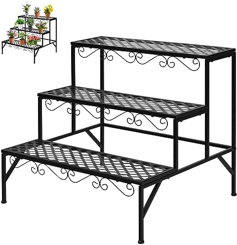 GiantexUK 3-Tier Metal Plant Stand, Ladder Shelf Flower Pot Holder, Decorative Plant Rack Shelving Unit for Patio, Garden and Balcony (70 x 60 x 60cm) | Ladder Shelf Flower Pot Holder, Decorative Plant Rack Shelving Unit for Patio, Garden and Balcony
