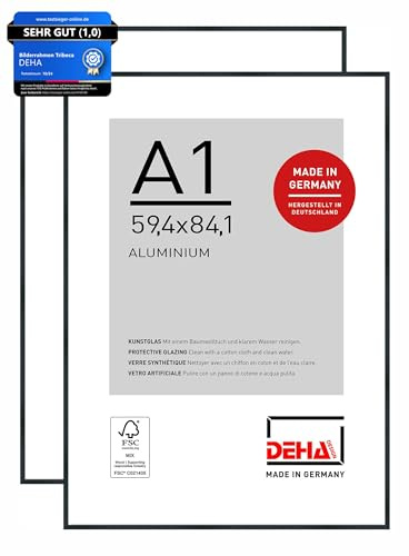 DEHA Design Aluminium Bilderrahmen Tribeca, 59,4x84,1 cm A1 2er Set Schwarz | Aluminium Posterrahmen im Hoch- & Querformat zum Aufhängen Schwarz gebürstet bruchsicheres Kunstglas