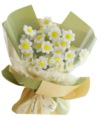 JISADER Simulazione Peluche Fai da Te Bouquet di Fiori all'Uncinetto Fiori Fatti a Mano Fiori Artificiali con Involucro di Carta Fiori Lavorati a Maglia, Margherita