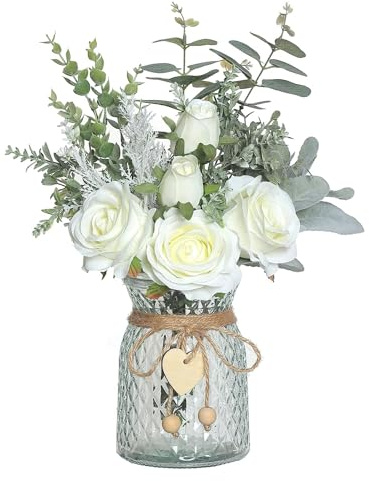 Blanketswarm Artificial Flowers with Silk Roses, Artificial Vase Arrangement for Table Centerpieces Weddings Coffee Tables Bathrooms Office Decorations (White)