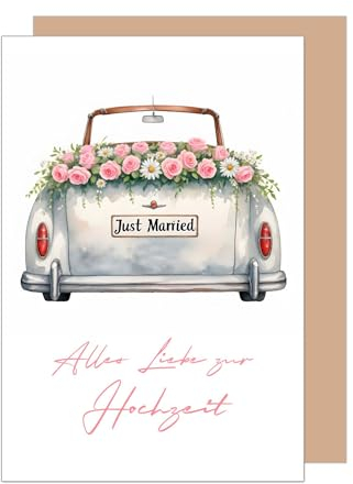 Edition Seidel Premium Glückwunschkarte zur Hochzeit mit Umschlag aus Kraftpapier. Hochzeitskarte Grußkarte Vermählung Just Married Wedding Brautpaar Auto Blumen (H477 SW024)