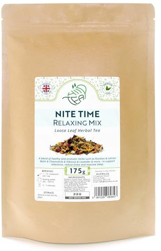Nite Time Premium Herbal Loose Tea – Natural Vitamins & Minerals (175g) | Rooibos & Lemon Balm & Chamomile & Hibiscus & Lavender & Raspberry Leaf & more – Relaxation & Sleep – Resealable Pouch
