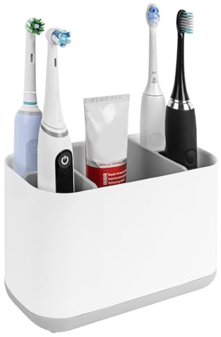 Linkidea Porta spazzolino elettrico, in plastica da appoggio, organizer con 5 scomparti per spazzolini Power, compatibile con Oral-B iO, Philips Sonicare ProtectiveClean (Bianco+Grigio)