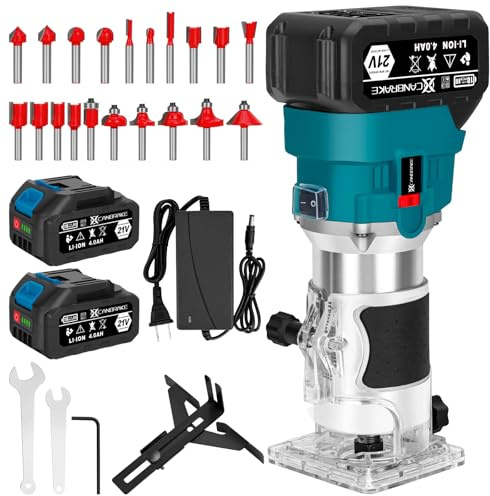 Cordless Wood Router, 21V Brushless Trimmer Router with 2 x 4.0Ah Battery, Portable Wood Para Madera 6 Speed Adjustable, Wood Router Tool with 20PC 1/4 Router Bits, Using for Wood Slotting, Trimming