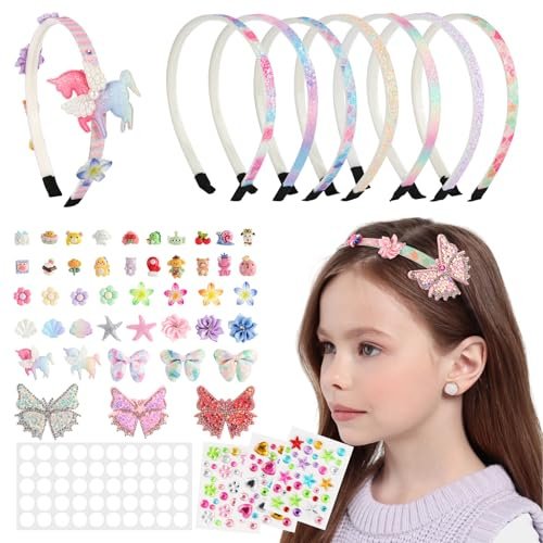 Haarreifen Basteln Mit 8 Reifen für Mädchen - DIY Haarschmuck Bastelset Mit 37 Accessoires und 3 Blätter Glitzersteine Selbstklebend - Ab 5 Jahre