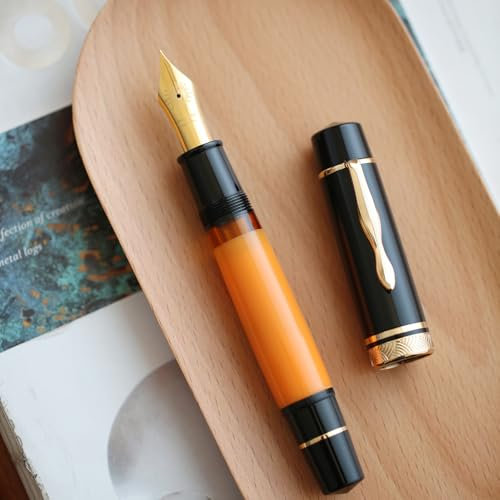 erofa Majohn P139 NO.8 Fine Nib Piston Fountain Pen with Box, Brass Piston System Large Capacity Writing Pen, Black Yellow