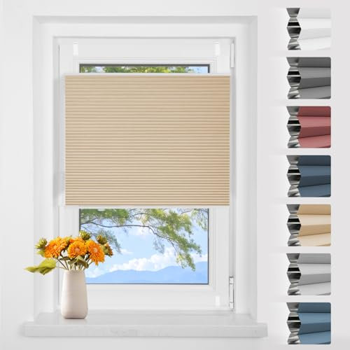 Verdunklungsplissee Wabenplissee ohne Bohren Weiß-beige 85x130cm(BxH) Thermo Plissee ohne Bohren Verdunkelung Zweifarbig 100% Blickdicht Sonnenschutz & Schallschutz Plisseerollo Klemmfix