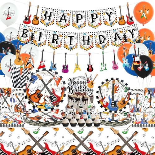 Juego de suministros para fiesta de cumpleaños de guitarra, pancarta de feliz cumpleaños, platos, mantel, vasos, globos y popotes, para instrumentos musicales, suministros de baby shower